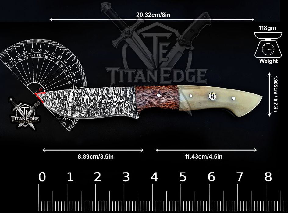 Personalized Handcrafted Damascus Hunting Knife, 8-Inch Full Tang Skinning Blade, Bushcraft EDC Tool, Wood Handle Camping Tool