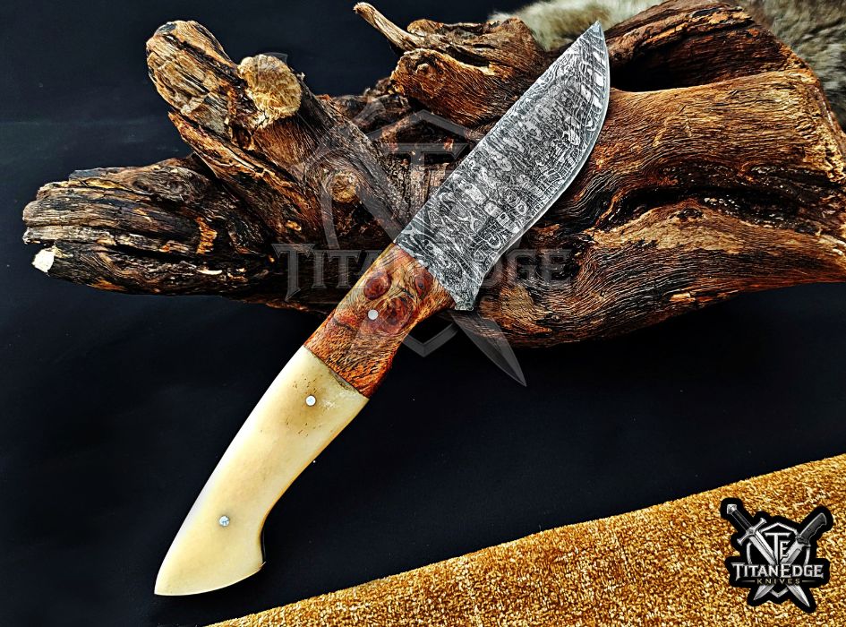 Personalized Handcrafted Damascus Hunting Knife, 8-Inch Full Tang Skinning Blade, Bushcraft EDC Tool, Wood Handle Camping Tool