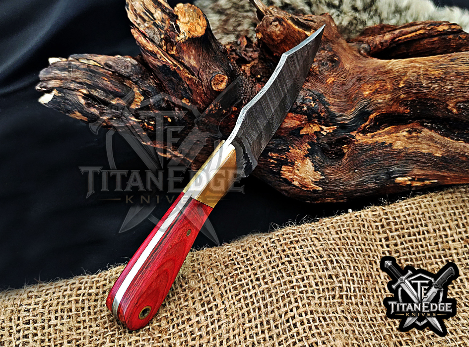 Handmade 6.75" Damascus Steel Fixed Blade Hunting Knife, Fixed Blade Skinner Knife, Wood Handle, Groomsmen Gift With Leather Sheath