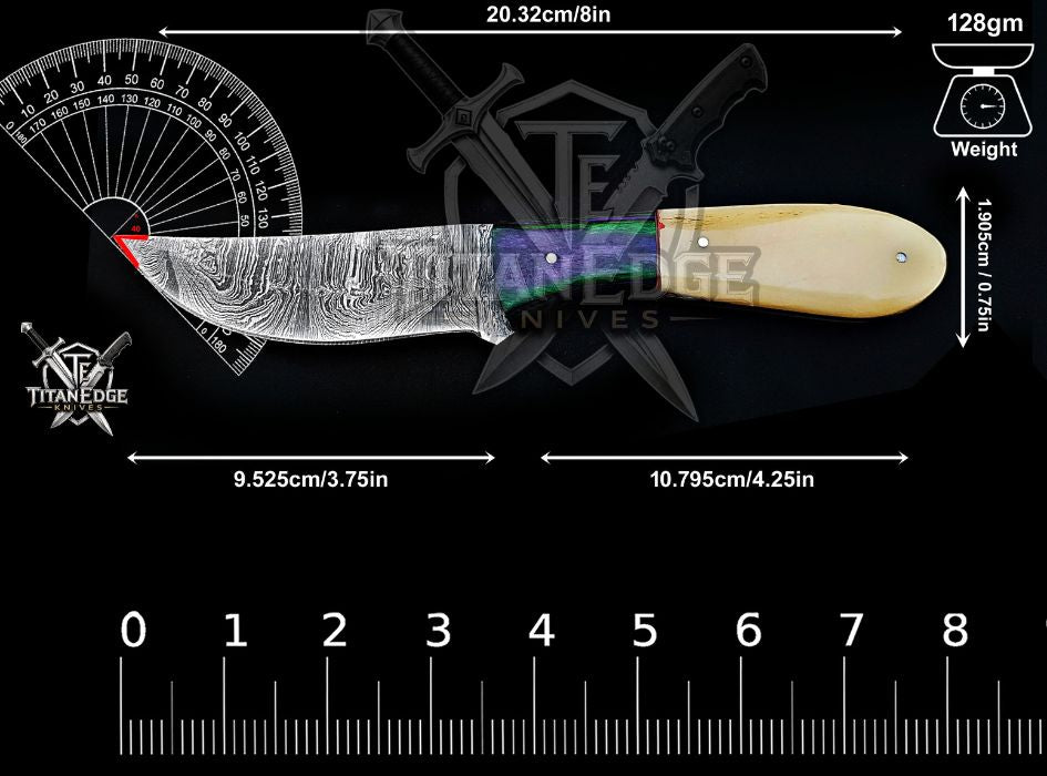 Personalized Handcrafted Damascus Hunting Knife, 8-Inch Full Tang Skinning Blade, Bushcraft EDC Tool, Wood/Bone  Handle Camping Tool