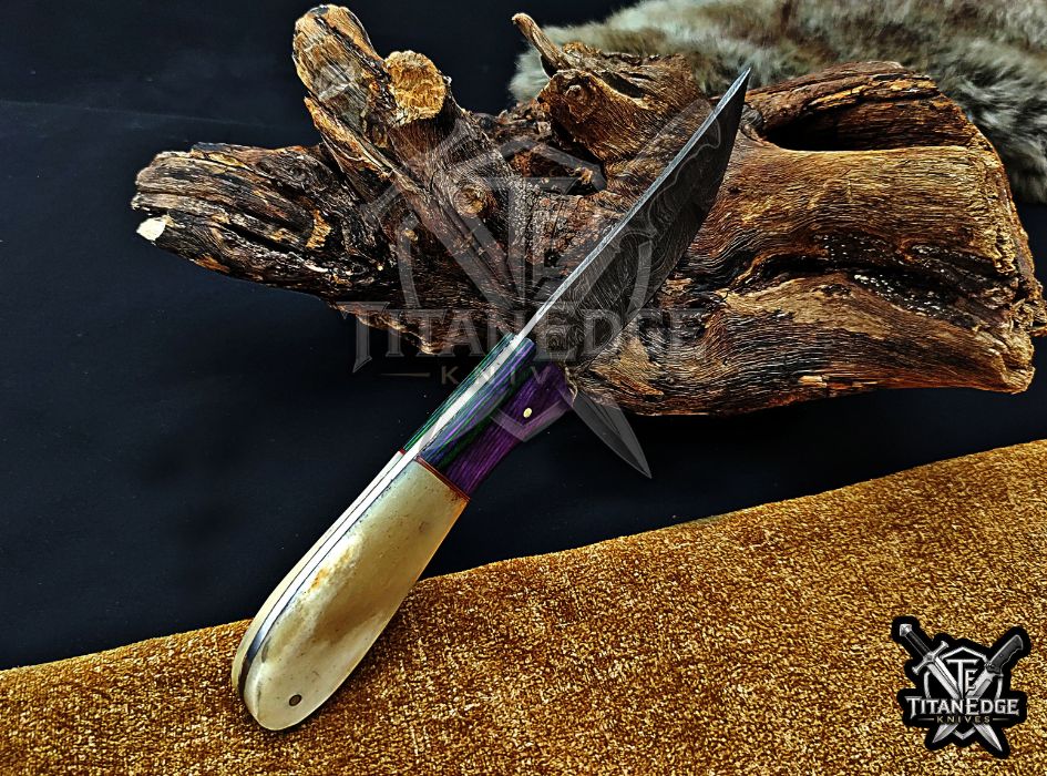 Personalized Handcrafted Damascus Hunting Knife, 8-Inch Full Tang Skinning Blade, Bushcraft EDC Tool, Wood/Bone  Handle Camping Tool