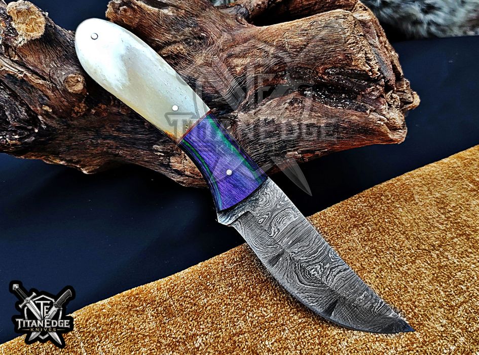 Personalized Handcrafted Damascus Hunting Knife, 8-Inch Full Tang Skinning Blade, Bushcraft EDC Tool, Wood/Bone  Handle Camping Tool