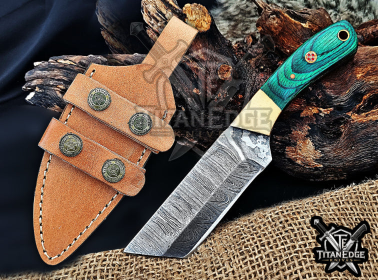 Handmade 6.75" Damascus Steel Fixed Blade Hunting Knife, Fixed Blade Skinner Knife, Wood Handle, Groomsmen Gift With Leather Sheath