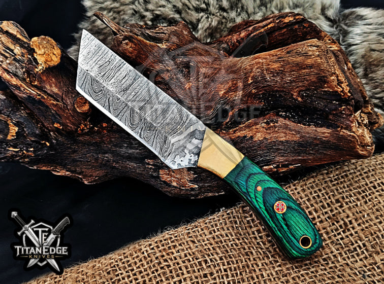Handmade 6.75" Damascus Steel Fixed Blade Hunting Knife, Fixed Blade Skinner Knife, Wood Handle, Groomsmen Gift With Leather Sheath