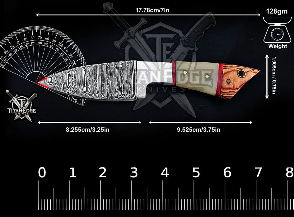 Personalized Handcrafted Damascus Hunting Knife, 7-Inch Full Tang Skinning Blade, EDC Tool, Wood/Bone Handle Camping Tool