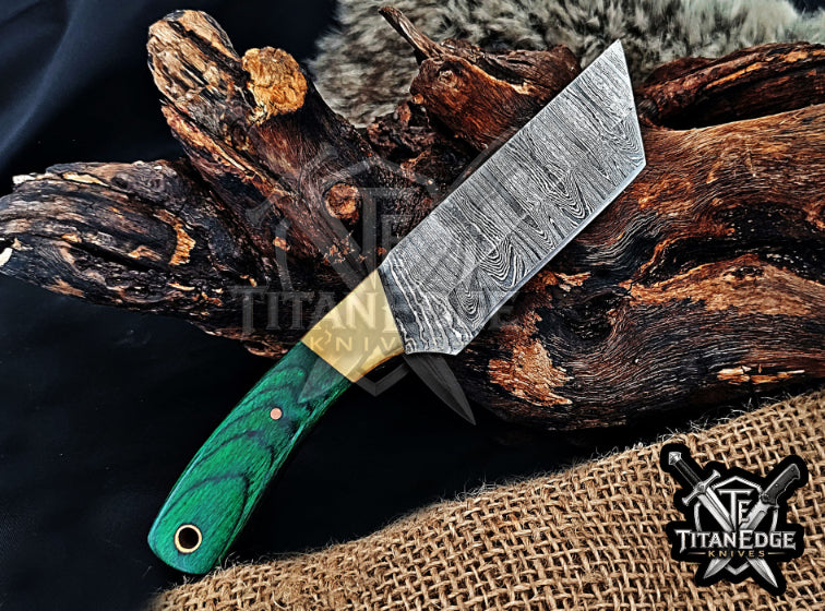 Handmade 6.75" Damascus Steel Fixed Blade Hunting Knife, Fixed Blade Skinner Knife, Wood Handle, Groomsmen Gift With Leather Sheath