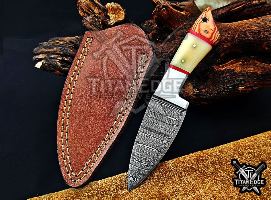 Personalized Handcrafted Damascus Hunting Knife, 7-Inch Full Tang Skinning Blade, EDC Tool, Wood/Bone Handle Camping Tool