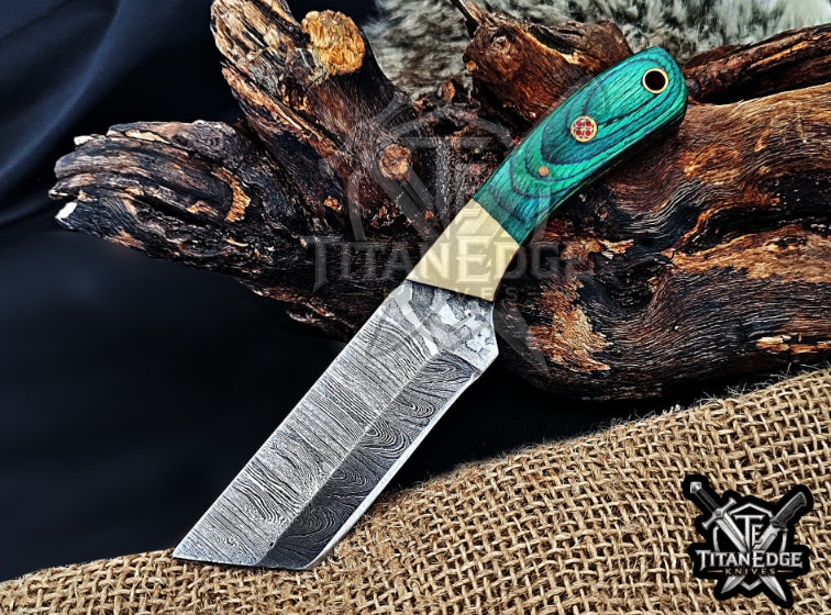 Handmade 6.75" Damascus Steel Fixed Blade Hunting Knife, Fixed Blade Skinner Knife, Wood Handle, Groomsmen Gift With Leather Sheath