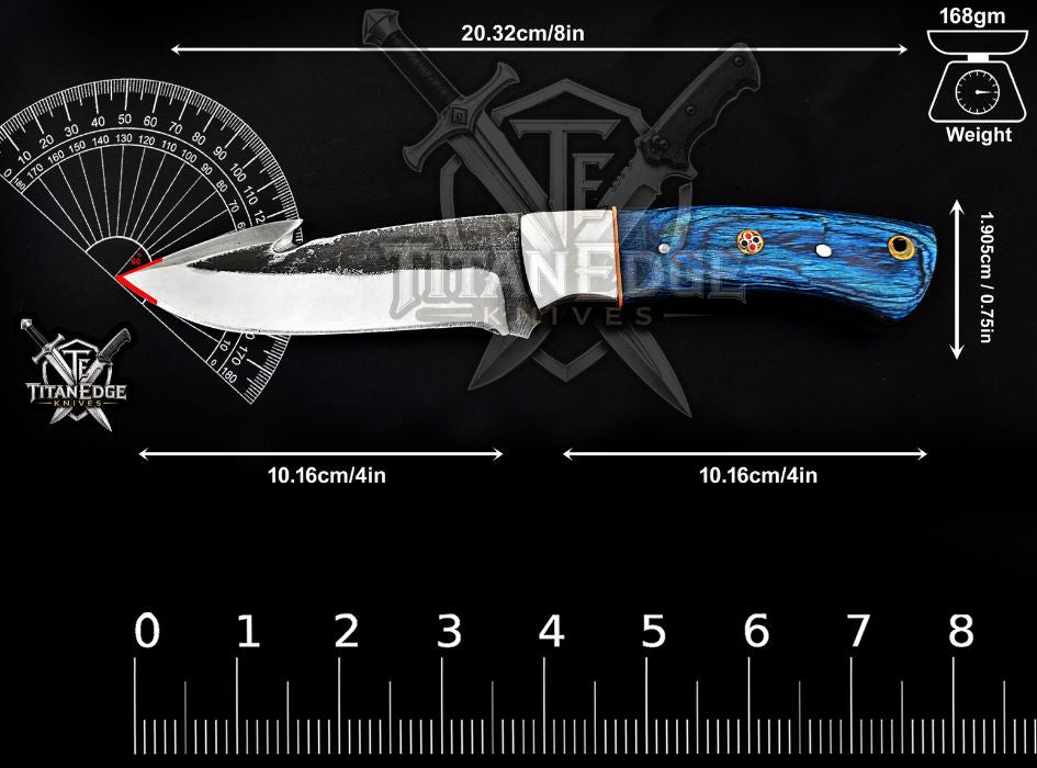 Personalized Handcrafted Damascus/Carbon Steel Hunting Knife, 8-Inch Full Tang Skinning Blade, Bushcraft EDC Tool, Wood Handle Camping Tool