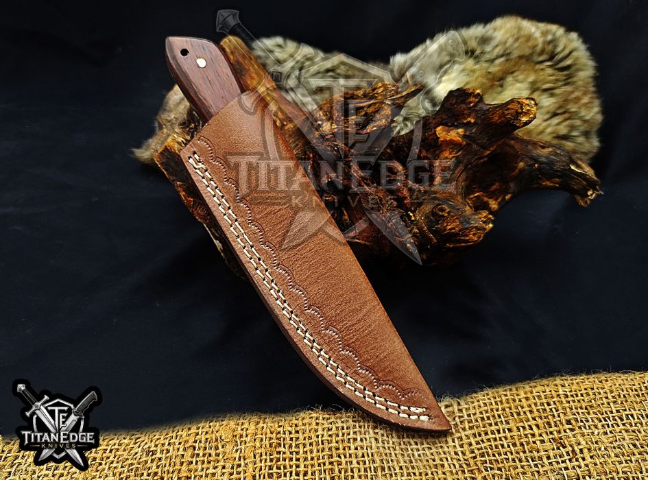 Personalized Handcrafted Damascus/Carbon Steel Hunting Knife, 8-Inch Full Tang Skinning Blade, Bushcraft EDC Tool, Wood Handle Camping Tool