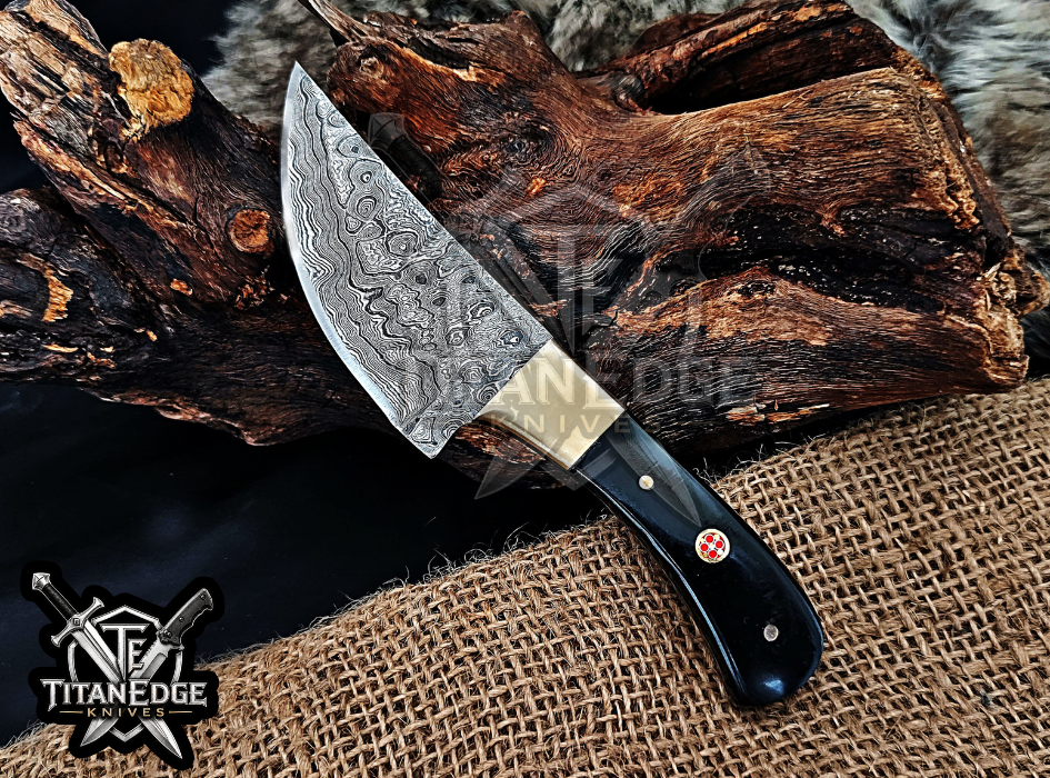6.25" Damascus Knife with Brass Bolster & Mosaic Pin