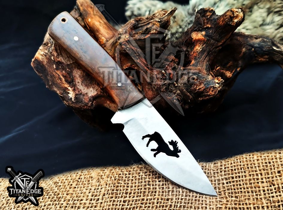 Personalized Handcrafted Damascus/Carbon Steel Hunting Knife, 8-Inch Full Tang Skinning Blade, Bushcraft EDC Tool, Wood Handle Camping Tool