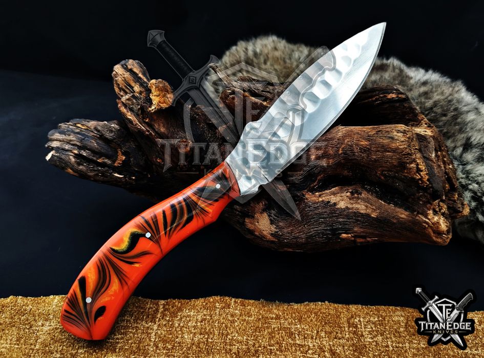 Custom Handcrafted Damascus/Carbon Steel Hunting Knife, 10-Inch Full Tang Skinning Blade, Bushcraft EDC Tool, Resin Handle Camping Tool