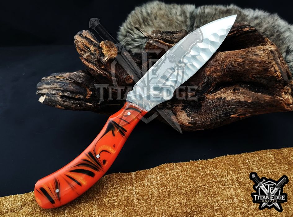 Custom Handcrafted Damascus/Carbon Steel Hunting Knife, 10-Inch Full Tang Skinning Blade, Bushcraft EDC Tool, Resin Handle Camping Tool