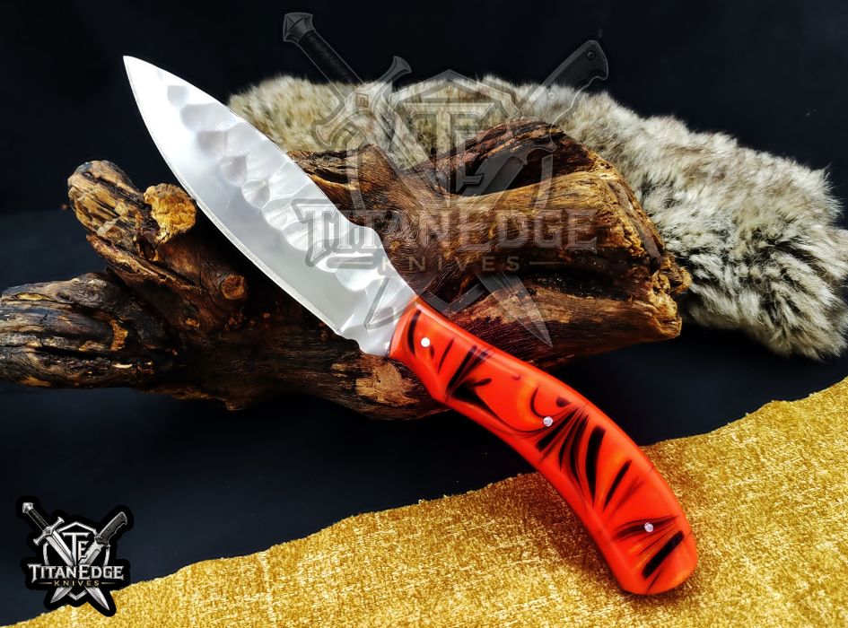 Custom Handcrafted Damascus/Carbon Steel Hunting Knife, 10-Inch Full Tang Skinning Blade, Bushcraft EDC Tool, Resin Handle Camping Tool