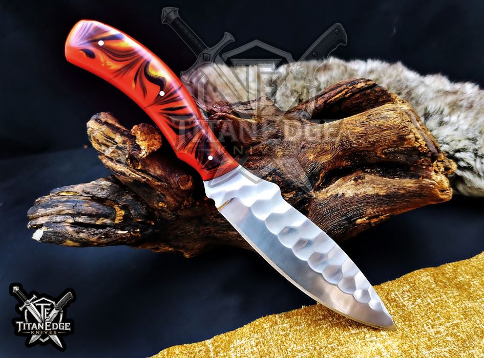Custom Handcrafted Damascus/Carbon Steel Hunting Knife, 10-Inch Full Tang Skinning Blade, Bushcraft EDC Tool, Resin Handle Camping Tool