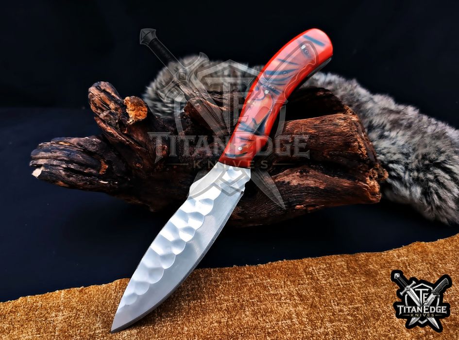 Custom Handcrafted Damascus/Carbon Steel Hunting Knife, 10-Inch Full Tang Skinning Blade, Bushcraft EDC Tool, Resin Handle Camping Tool