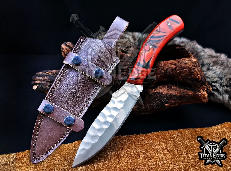 Custom Handcrafted Damascus/Carbon Steel Hunting Knife, 10-Inch Full Tang Skinning Blade, Bushcraft EDC Tool, Resin Handle Camping Tool