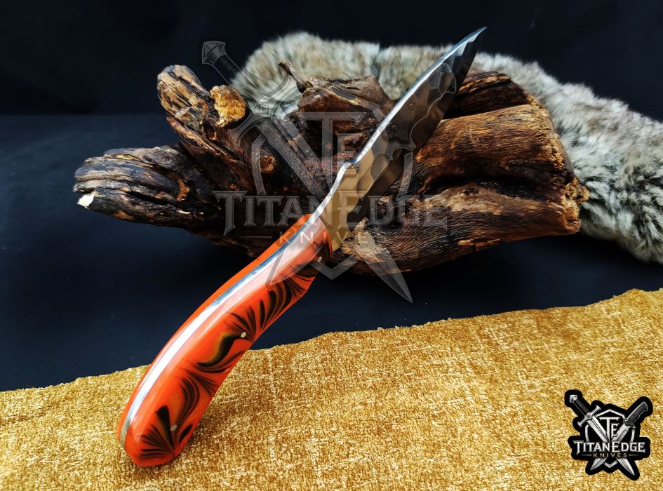 Custom Handcrafted Damascus/Carbon Steel Hunting Knife, 10-Inch Full Tang Skinning Blade, Bushcraft EDC Tool, Resin Handle Camping Tool