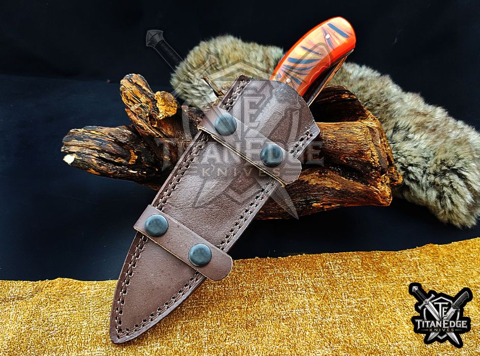 Custom Handcrafted Damascus/Carbon Steel Hunting Knife, 10-Inch Full Tang Skinning Blade, Bushcraft EDC Tool, Resin Handle Camping Tool