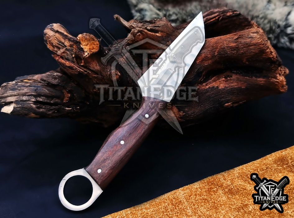 Hand Forged 8-Inch Tracker Knife with Ring Pommel | Wood Handle EDC Utility Knife with Leather Sheath