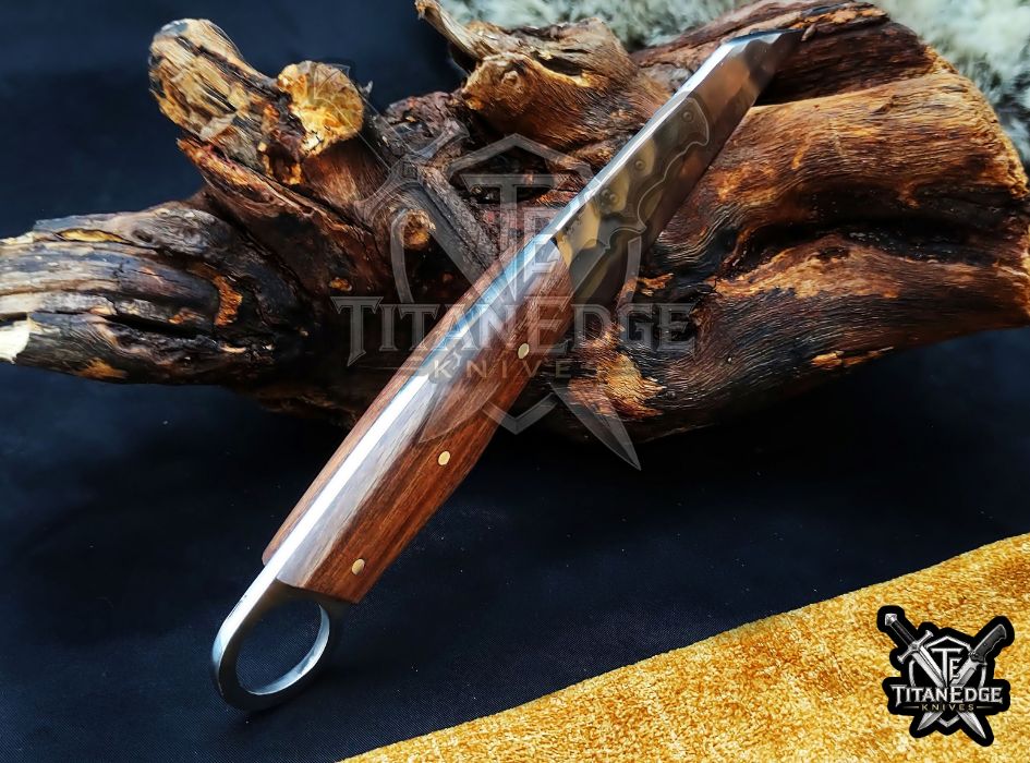 Hand Forged 8-Inch Tracker Knife with Ring Pommel | Wood Handle EDC Utility Knife with Leather Sheath
