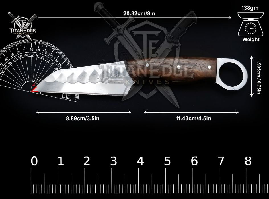 Hand Forged 8-Inch Tracker Knife with Ring Pommel | Wood Handle EDC Utility Knife with Leather Sheath