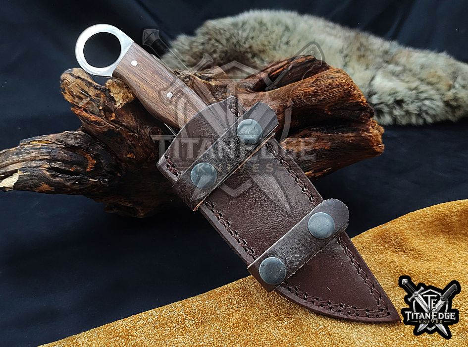 Hand Forged 8-Inch Tracker Knife with Ring Pommel | Wood Handle EDC Utility Knife with Leather Sheath
