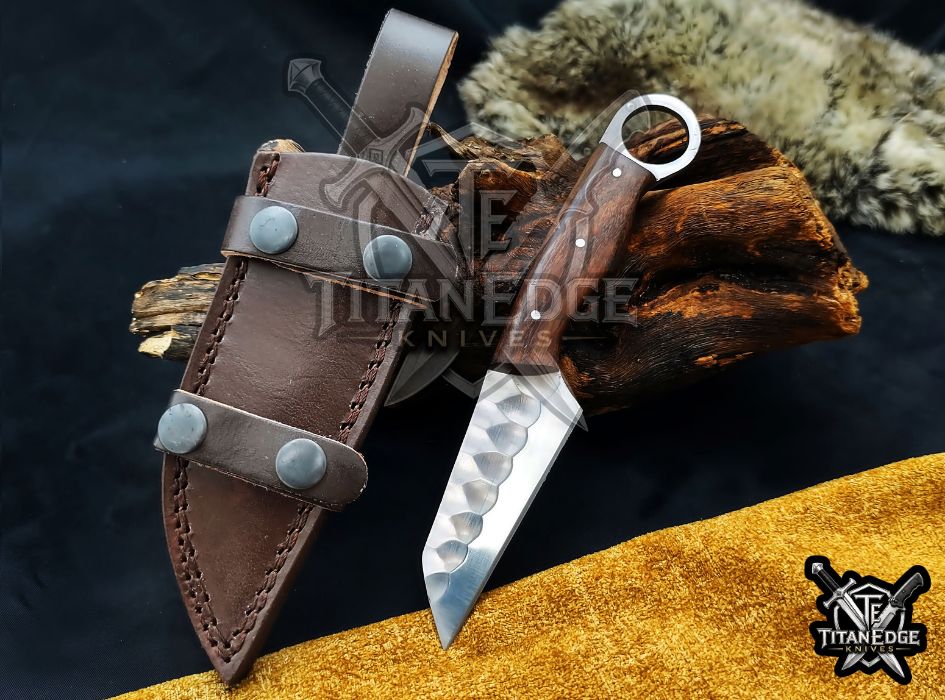 Hand Forged 8-Inch Tracker Knife with Ring Pommel | Wood Handle EDC Utility Knife with Leather Sheath