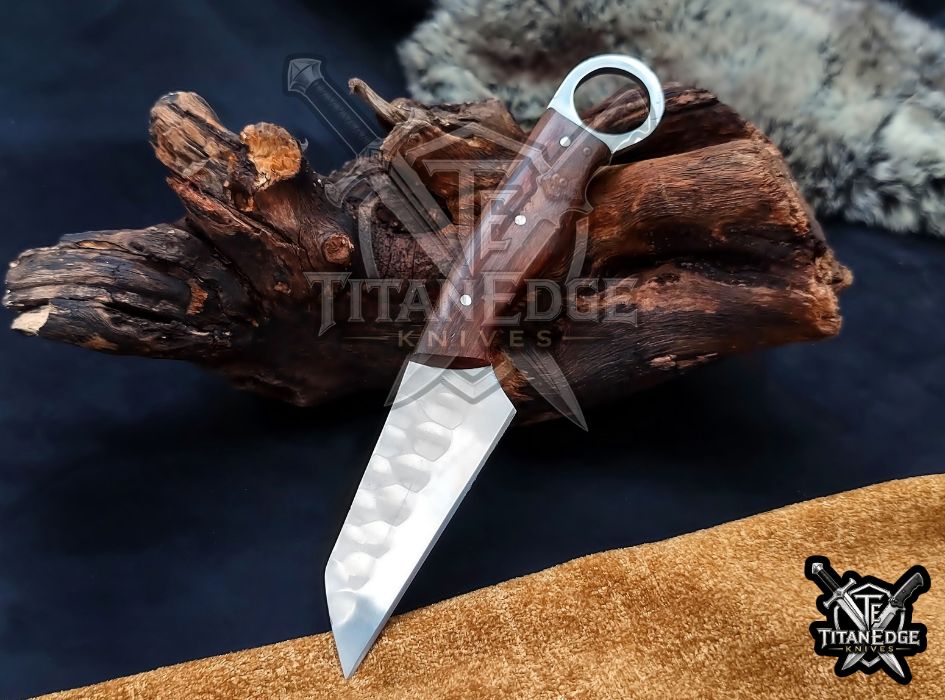 Hand Forged 8-Inch Tracker Knife with Ring Pommel | Wood Handle EDC Utility Knife with Leather Sheath