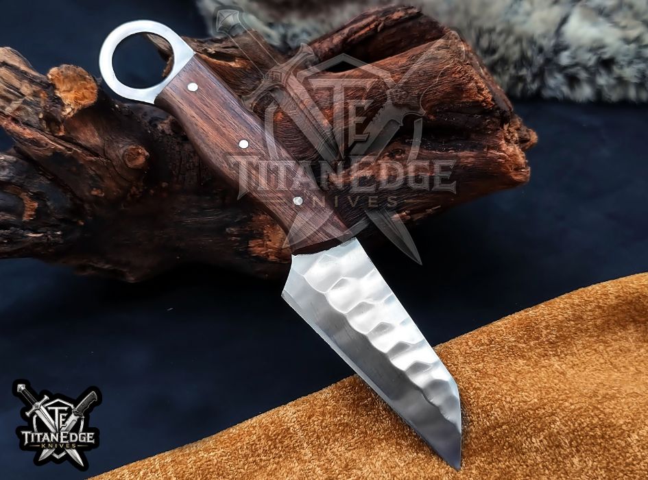 Hand Forged 8-Inch Tracker Knife with Ring Pommel | Wood Handle EDC Utility Knife with Leather Sheath