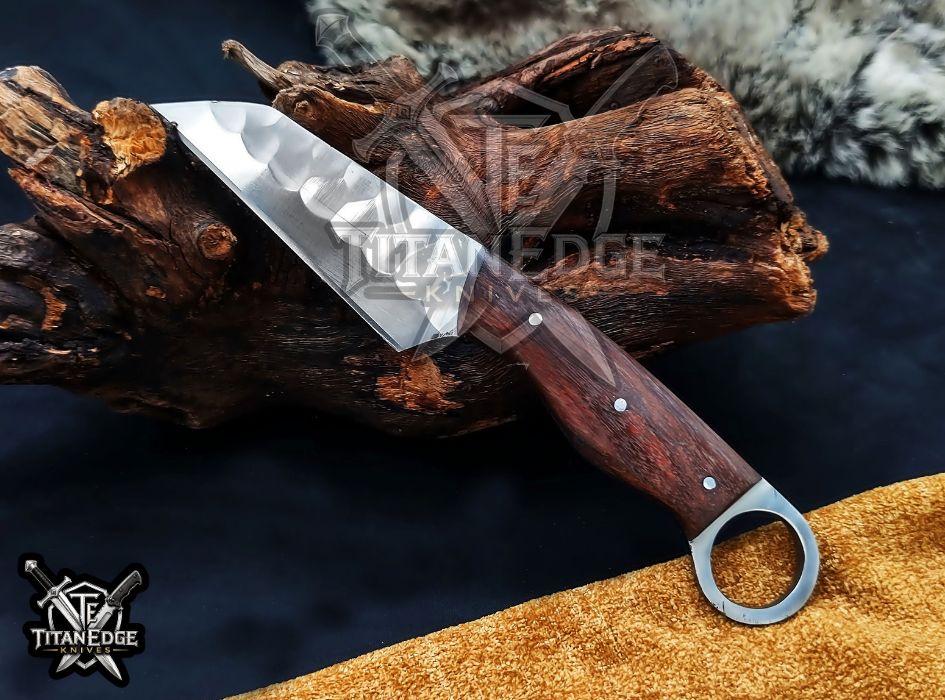 Hand Forged 8-Inch Tracker Knife with Ring Pommel | Wood Handle EDC Utility Knife with Leather Sheath