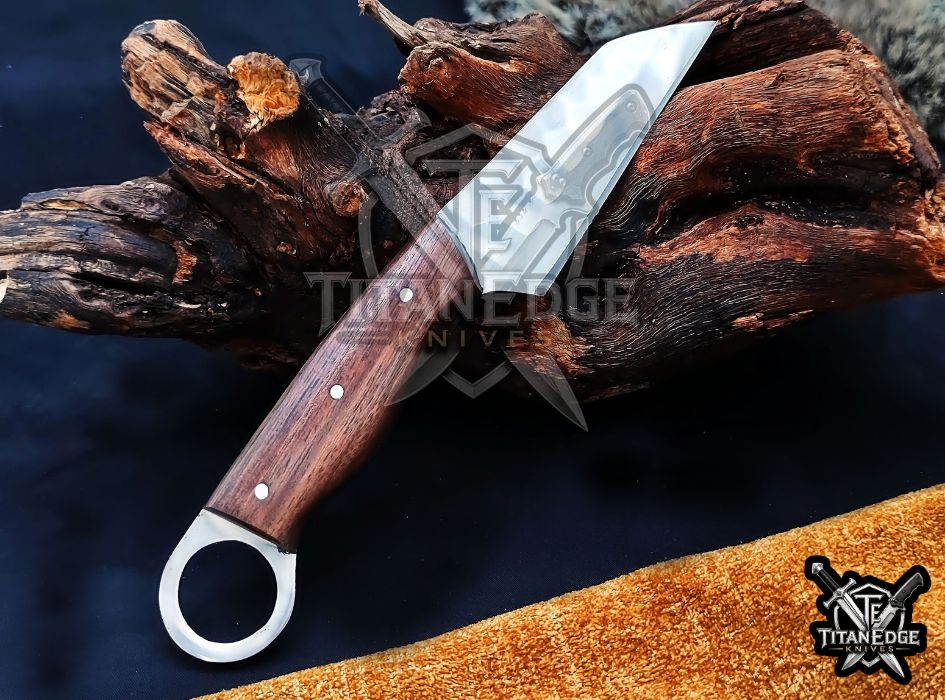 Hand Forged 8-Inch Tracker Knife with Ring Pommel | Wood Handle EDC Utility Knife with Leather Sheath