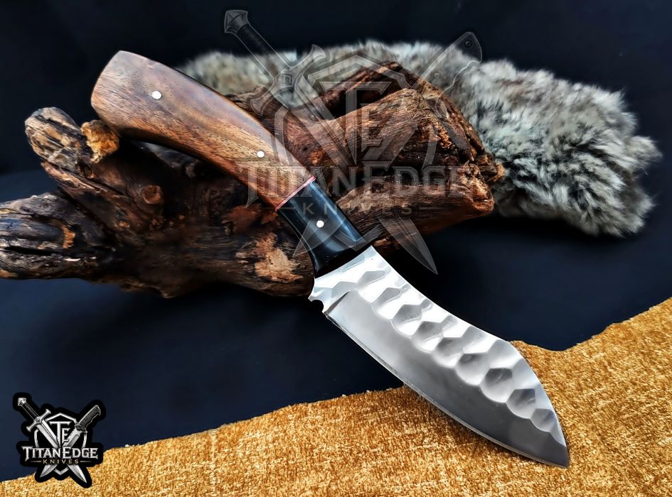 Personalized Handcrafted Damascus/Carbon Steel Hunting Knife, 10-Inch Full Tang Skinning Blade, Bushcraft EDC Tool, Wood Handle Camping Tool