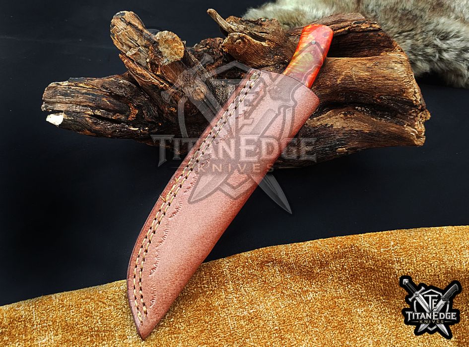 Custom Handcrafted Damascus/Carbon Steel Hunting Knife, 8-Inch Full Tang Skinning Blade, Bushcraft EDC Tool, Resin Handle Camping Tool
