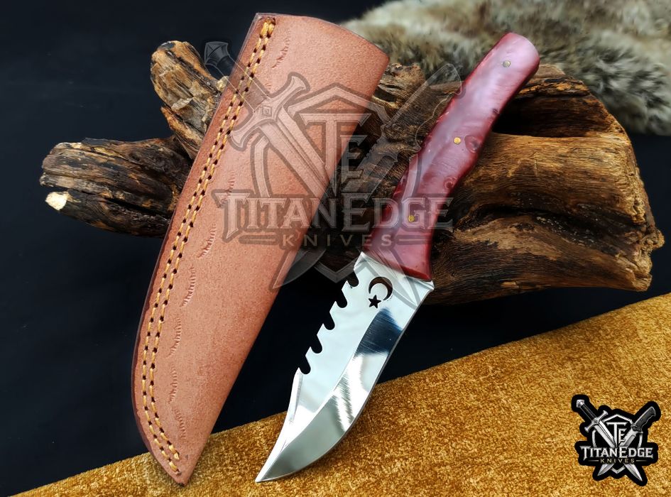 Custom 8" Hunting Knife, Sawtooth Spine EDC Utility Knife, Red Resin Handle Outdoor Camping Tool with Sheath
