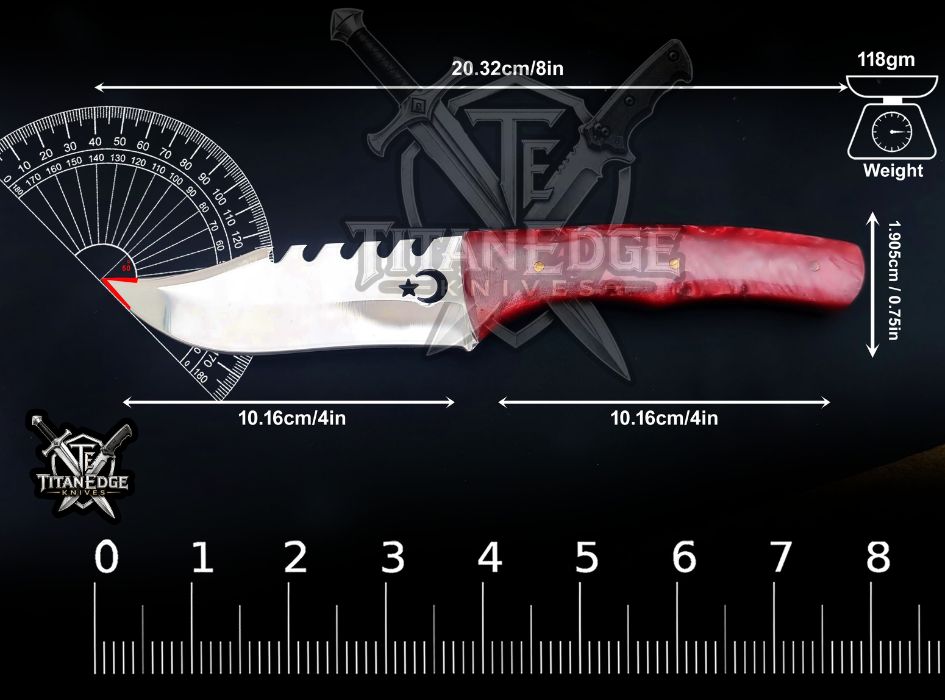 Custom 8" Hunting Knife, Sawtooth Spine EDC Utility Knife, Red Resin Handle Outdoor Camping Tool with Sheath