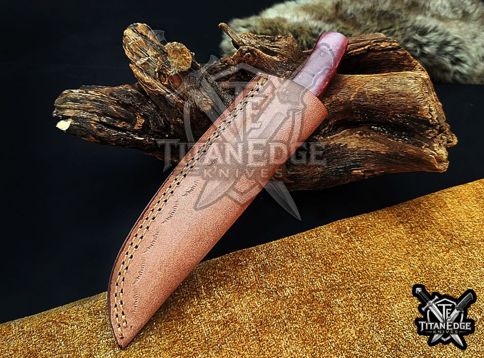 Custom 8" Hunting Knife, Sawtooth Spine EDC Utility Knife, Red Resin Handle Outdoor Camping Tool with Sheath