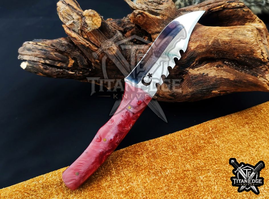 Custom 8" Hunting Knife, Sawtooth Spine EDC Utility Knife, Red Resin Handle Outdoor Camping Tool with Sheath