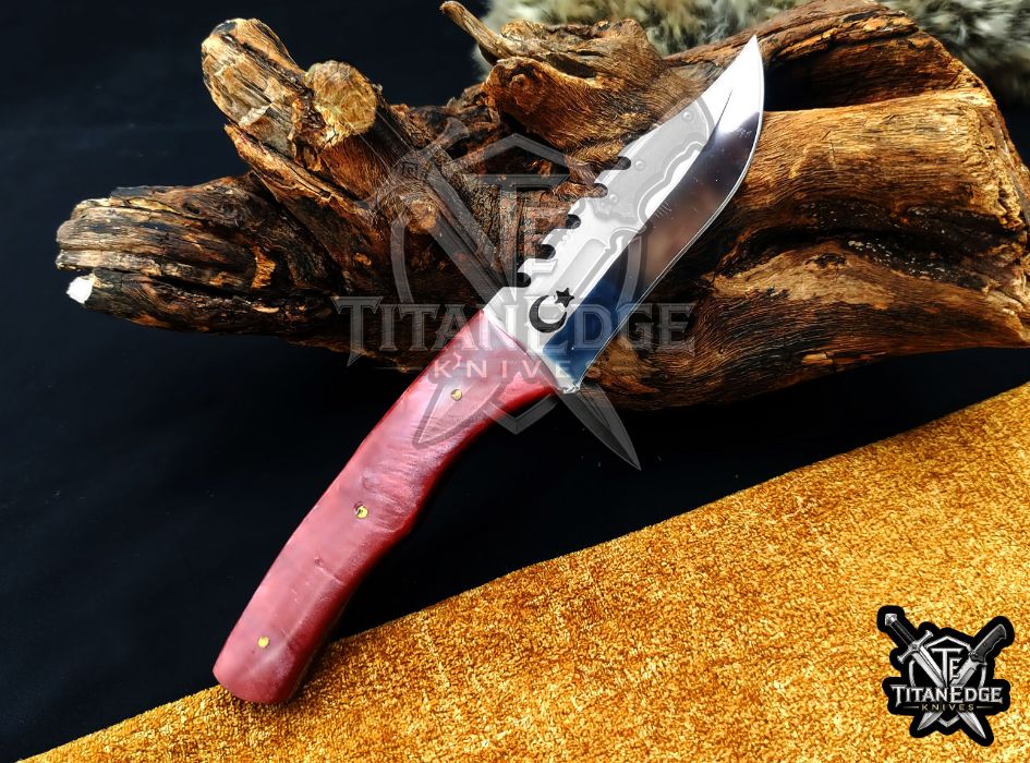 Custom 8" Hunting Knife, Sawtooth Spine EDC Utility Knife, Red Resin Handle Outdoor Camping Tool with Sheath