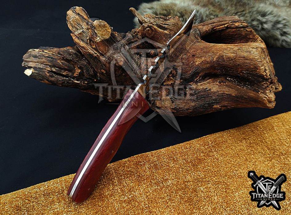 Custom 8" Hunting Knife, Sawtooth Spine EDC Utility Knife, Red Resin Handle Outdoor Camping Tool with Sheath