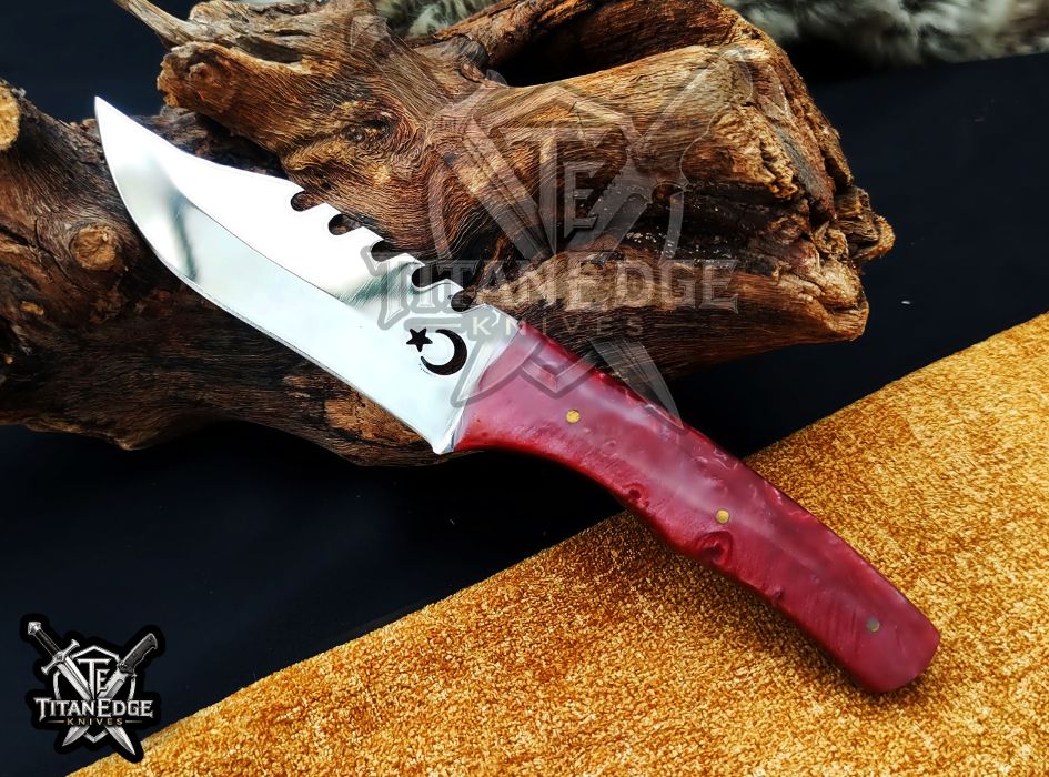 Custom 8" Hunting Knife, Sawtooth Spine EDC Utility Knife, Red Resin Handle Outdoor Camping Tool with Sheath