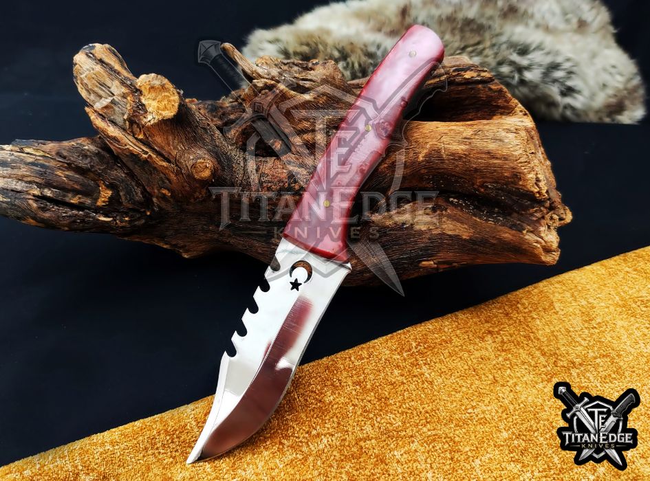 Custom 8" Hunting Knife, Sawtooth Spine EDC Utility Knife, Red Resin Handle Outdoor Camping Tool with Sheath