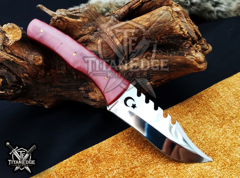 Custom 8" Hunting Knife, Sawtooth Spine EDC Utility Knife, Red Resin Handle Outdoor Camping Tool with Sheath