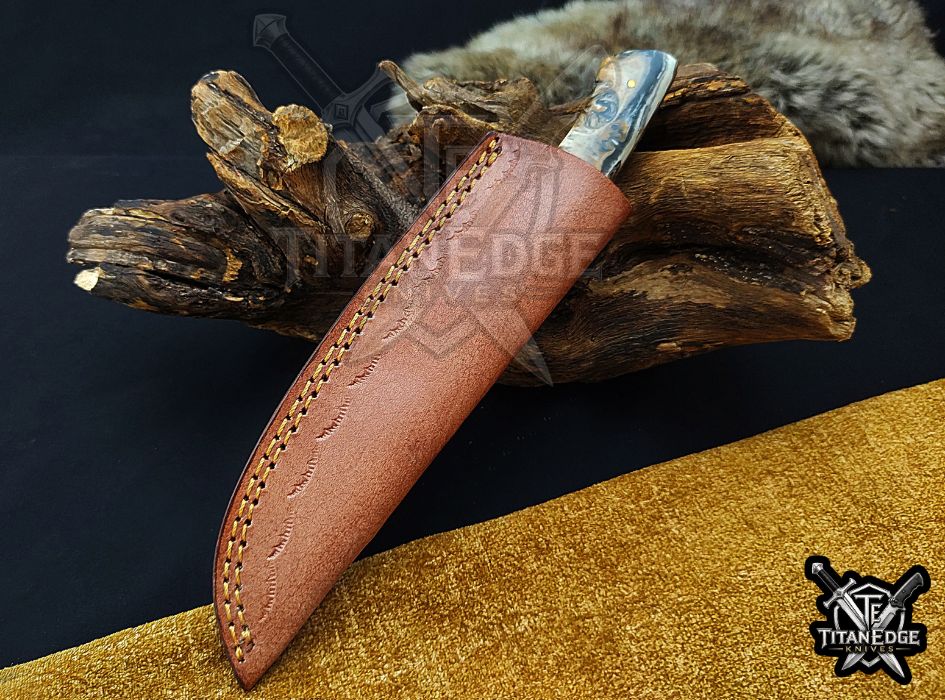 Custom Handcrafted Damascus/Carbon Steel Hunting Knife, 8-Inch Full Tang Skinning Blade, Bushcraft EDC Tool, Resin Handle Camping Tool