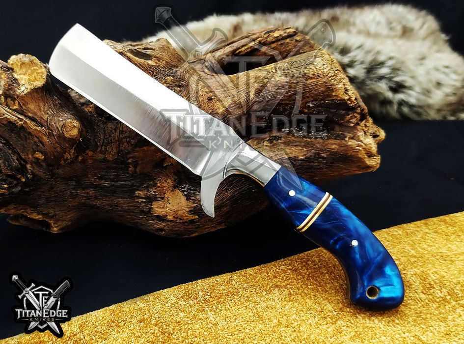 Custom Handcrafted Damascus/Carbon Steel Hunting Knife, 8-Inch Full Tang Skinning Blade, Bushcraft EDC Tool, Wood Handle Camping Tool