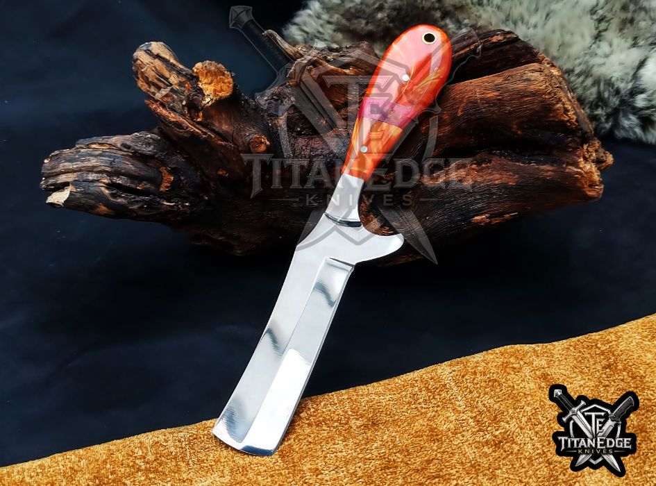 Custom Handcrafted Damascus/Carbon Steel Hunting Knife, 8-Inch Full Tang Skinning Blade, Bushcraft EDC Tool, Resin Handle Camping Tool