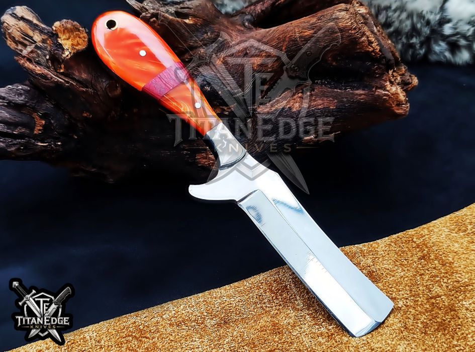 Custom Handcrafted Damascus/Carbon Steel Hunting Knife, 8-Inch Full Tang Skinning Blade, Bushcraft EDC Tool, Resin Handle Camping Tool
