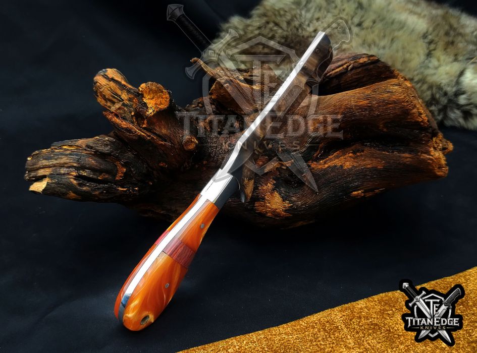 Custom Handcrafted Damascus/Carbon Steel Hunting Knife, 8-Inch Full Tang Skinning Blade, Bushcraft EDC Tool, Resin Handle Camping Tool