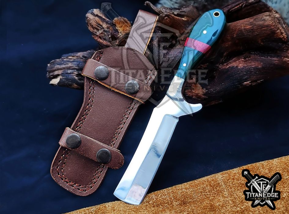 Custom Handcrafted Damascus/Carbon Steel Hunting Knife, 8-Inch Full Tang Skinning Blade, Bushcraft EDC Tool, Resin Handle Camping Tool